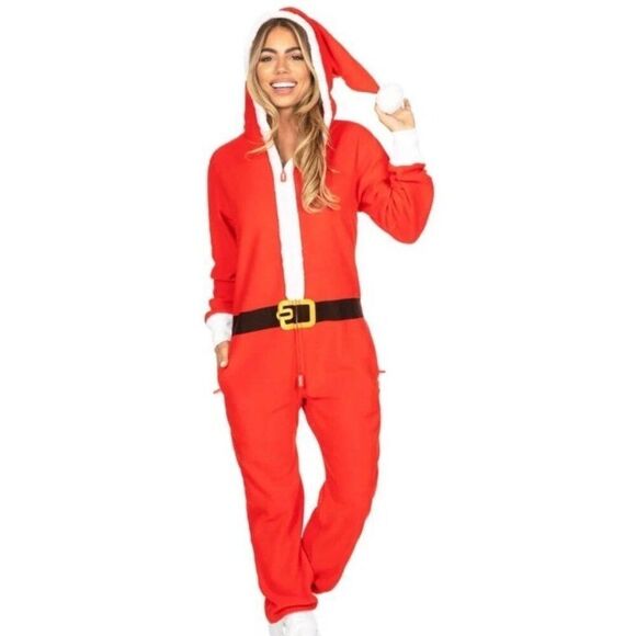 Tipsy Elves Santa Claus Full Zip Hooded Fleece Jumpsuit Unisex Size Small NWT - Picture 1 of 4